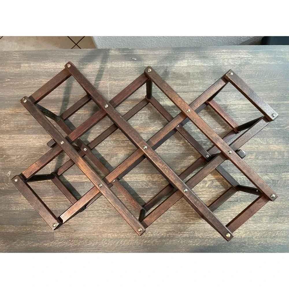 Vintage Wood Accordion Wine Rack 10 Bottle Collapsible Folding Countertop Brown